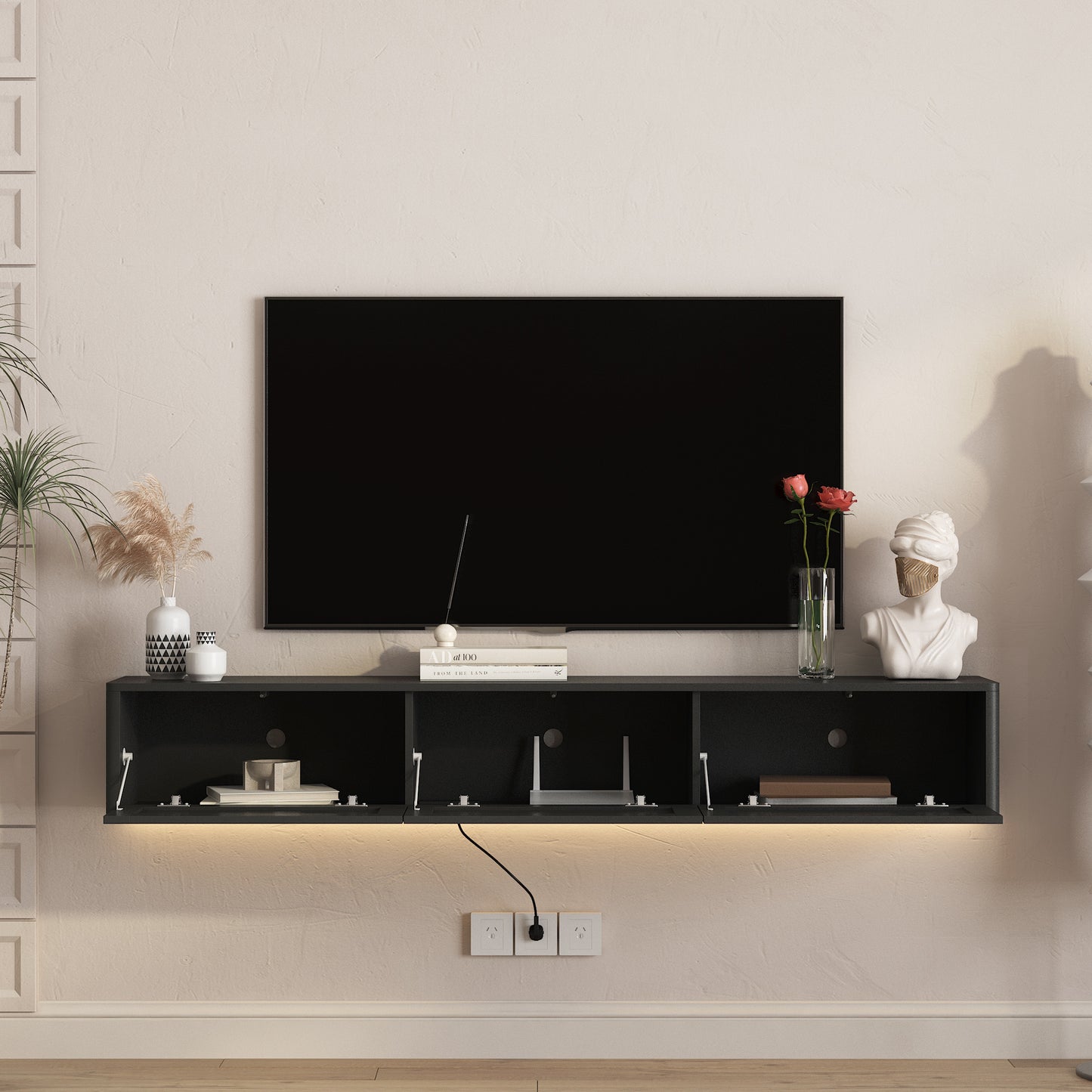 Wall Mounted Floating TV Stand with LED Lights & Power Outlet - Black