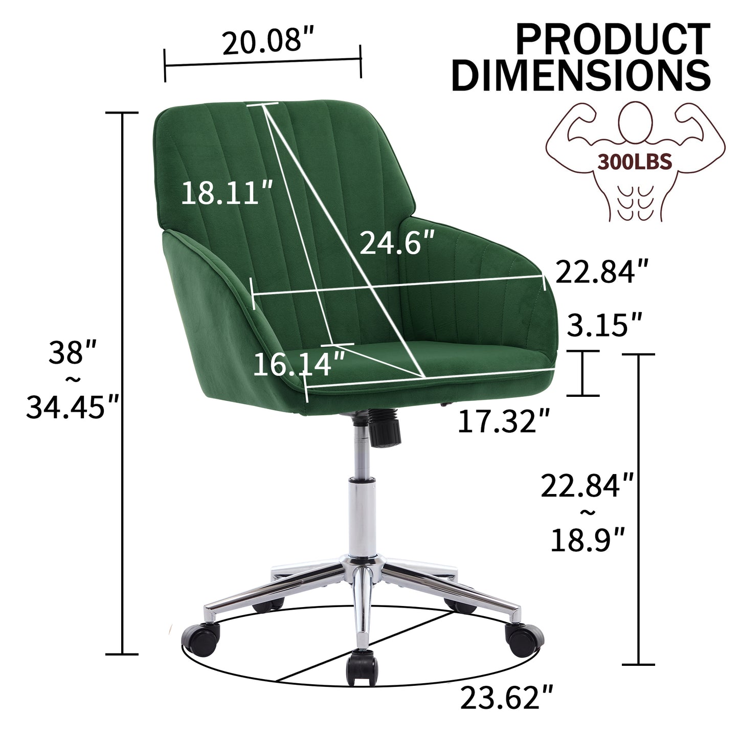 Ergonomic Adjustable Office Chair - Green Velvet Swivel Design