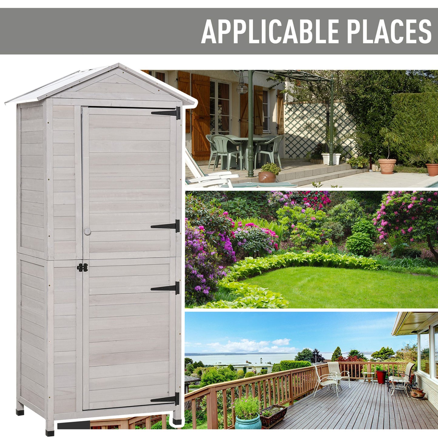 Wooden Garden Storage Cabinet 4-Tier Lockable Shed with Foot Pad Handle