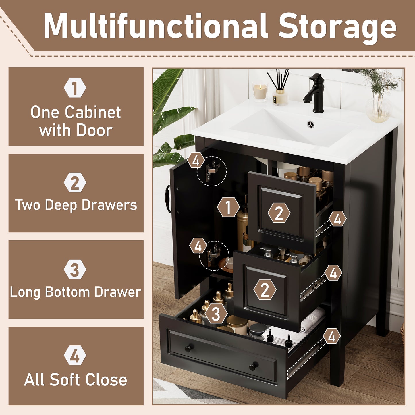 24 Inch Bathroom Vanity with Sink & Soft-Closing Drawers - Black