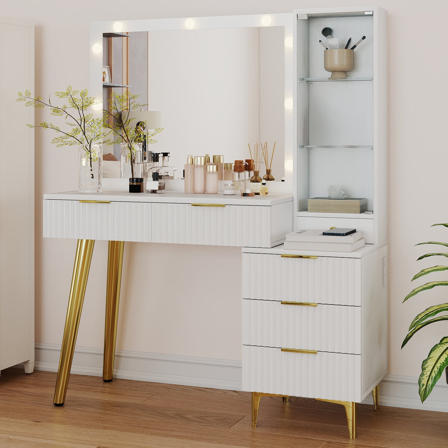 Fluted Vanity Desk With Mirror Glass Top Makeup Table 5 Drawers Power