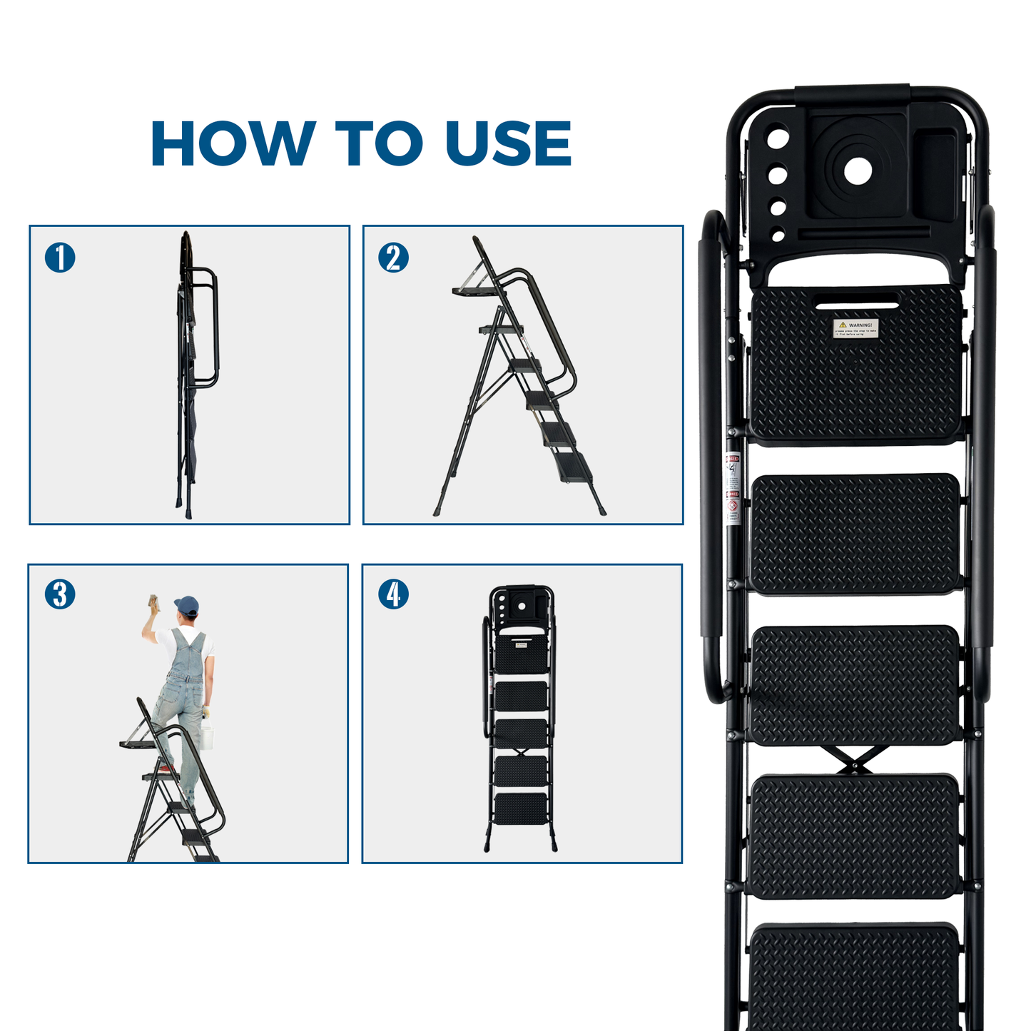 Folding Step Ladder with Wide Anti-Slip Pedal - Black