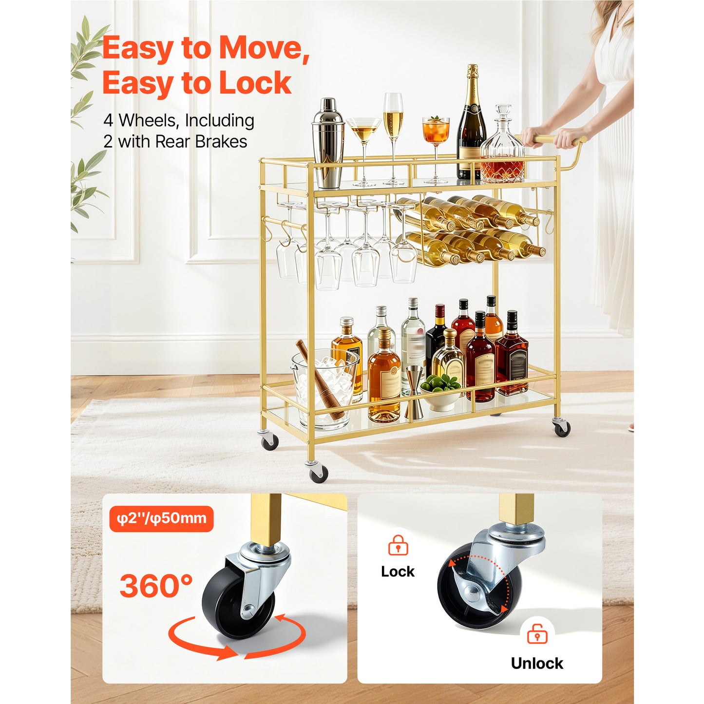 Bar Cart with Mirrored Glass Shelves and Wine Rack - Gold 2-Tier Serving Trolley