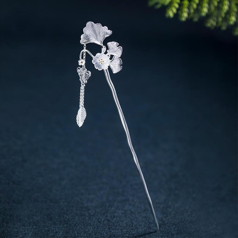 Ginkgo Leaf Hairpin Silver Feminine Hair Accessory Retro Elegant Jewelry