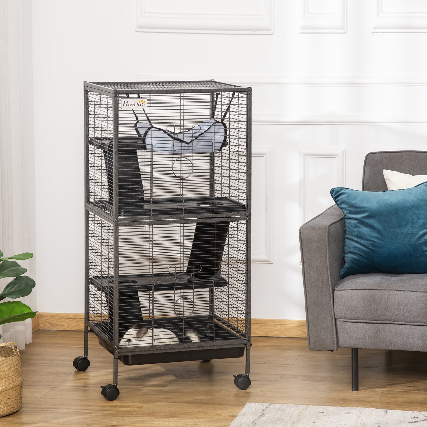 Small Animal Cage with Wheels, 4 Tiers, Hammock & Removable Tray - Gray