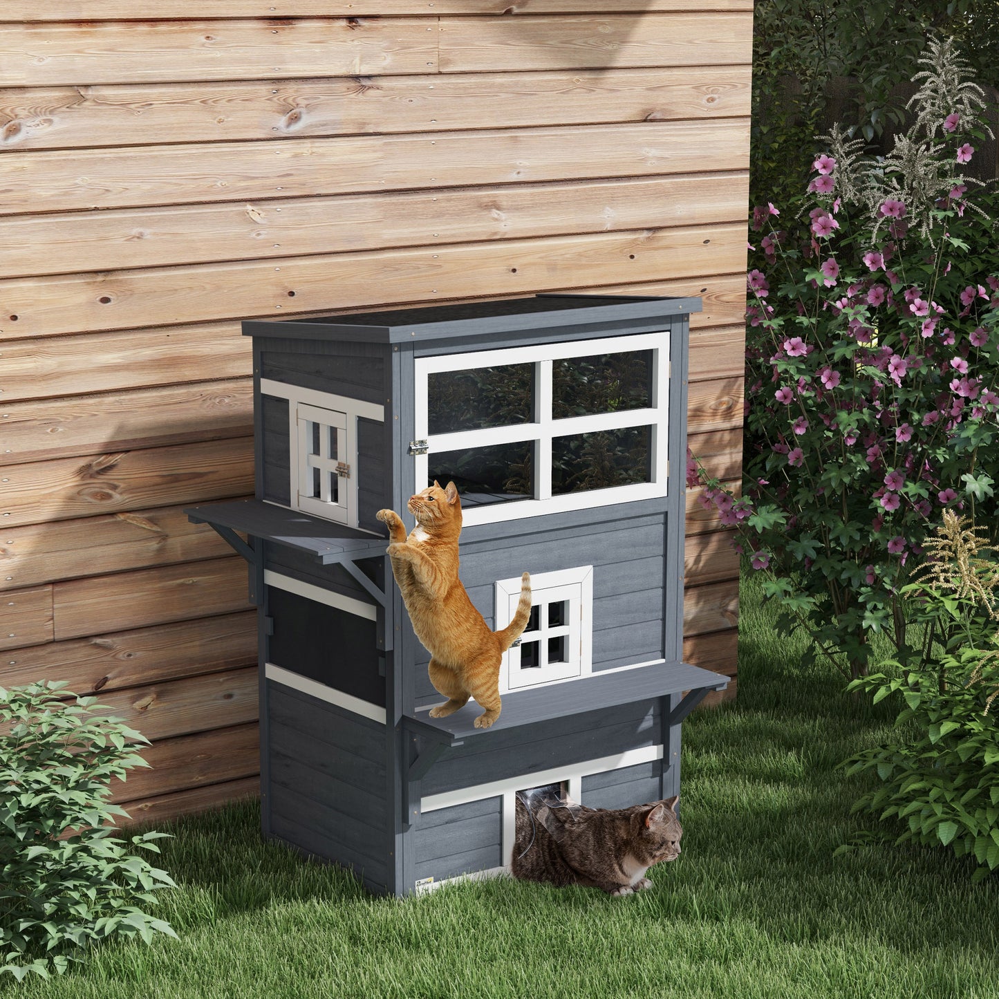 Outdoor 3-Tier Cat House Weather-Resistant Shelter with Escape Door - Dark Gray