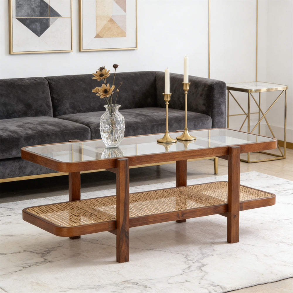 2-Tier Coffee Table With Storage And Tempered Glass Tabletop PE