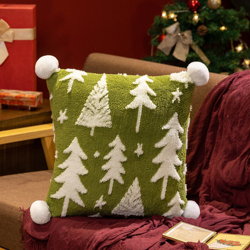 Christmas Velvet Jacquard Pillowcase with Snow, Tree & Reindeer Designs