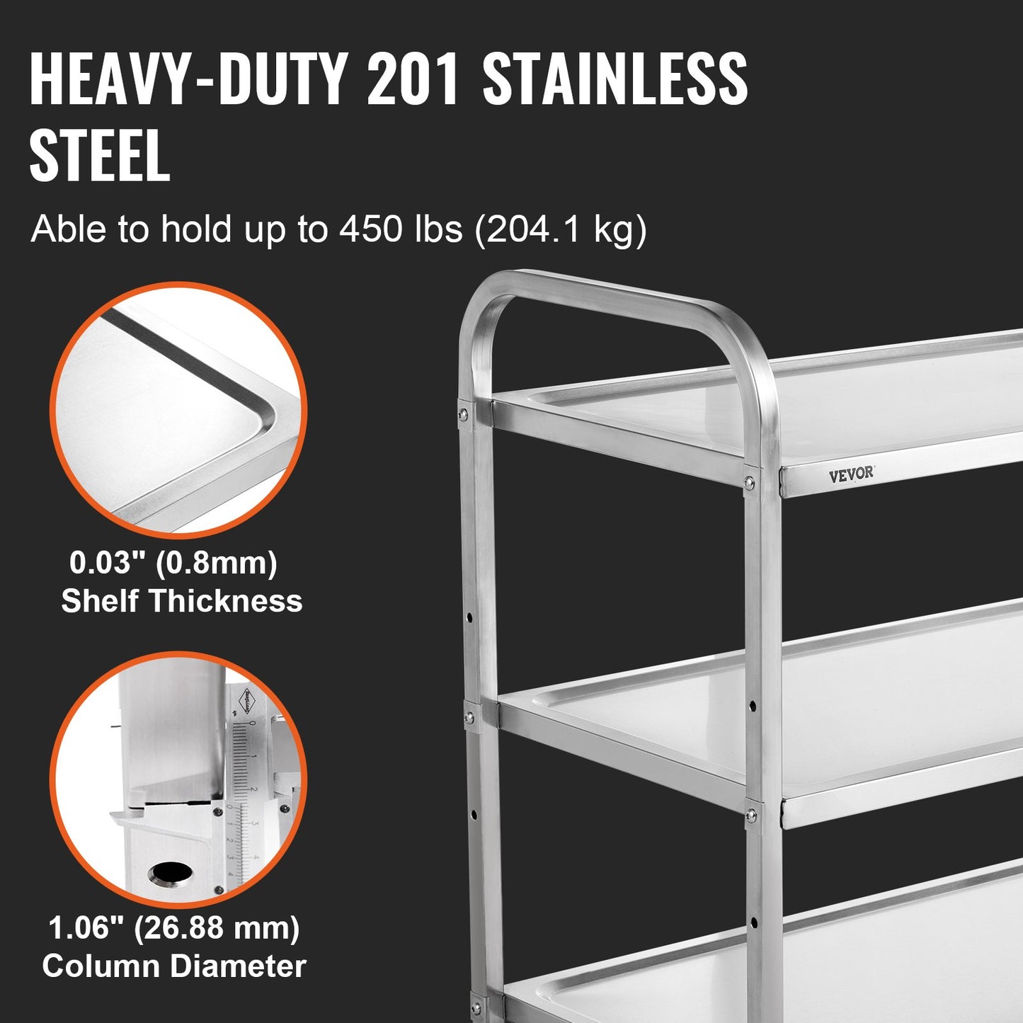 3-Tier Utility Cart with 450 lbs Capacity - Steel Rolling Storage Cart