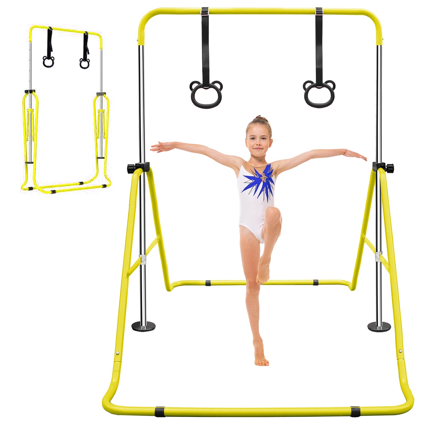 Adjustable Height Children's Gymnastic Bar with Bear Rings - Yellow