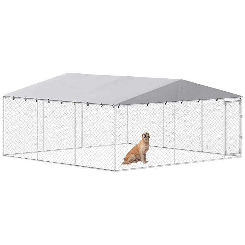 Outdoor Dog Kennel with Waterproof Roof, Galvanized Steel, Silver, 14.8 ft