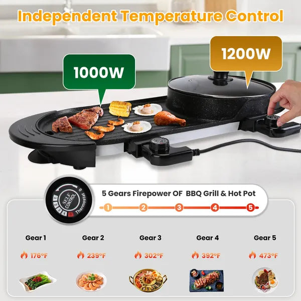 Electric Hot Pot with BBQ Grill 2200W Smokeless Non-Stick Cooker for Family