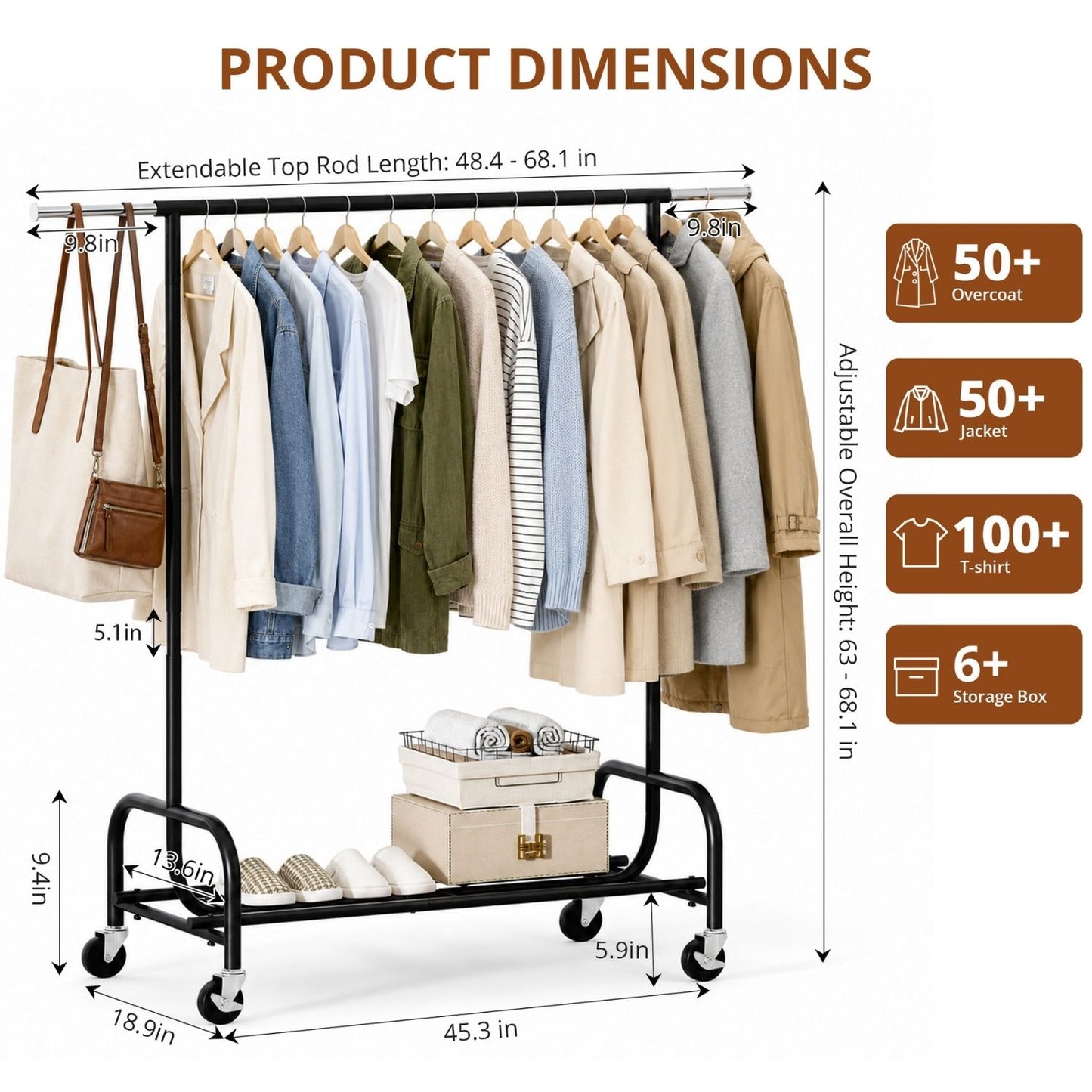 Adjustable Height Clothes Rack with Wheels - Portable Garment Stand