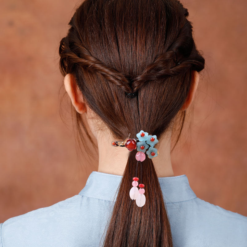 Glazed Agate Hair Ring with Tassel - Blue