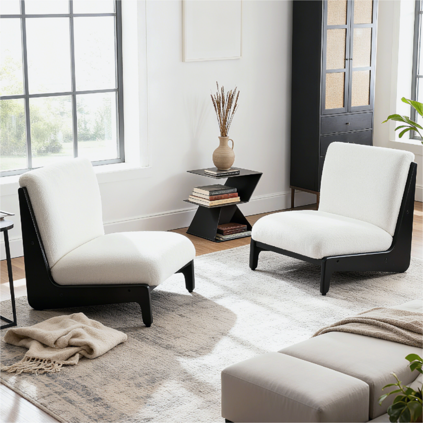 Living Moda Accent Chair White With Black Solid Wood Frame, Set Of 2