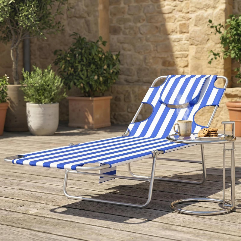 Adjustable Outdoor Chaise Lounge Chair with Face Hole - Blue Stripes