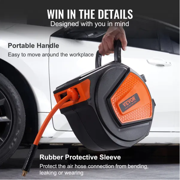Retractable Air Hose Reel with 50ft Hybrid Polymer Hose for Workshop & Garage