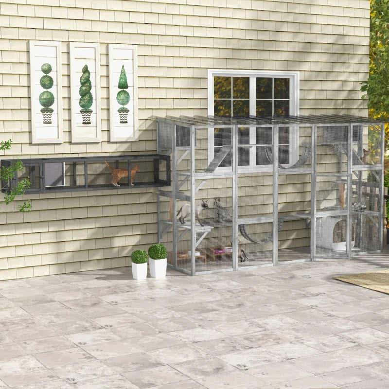 Outdoor Cat Window Box Enclosure with Shelves & Bridges - Gray