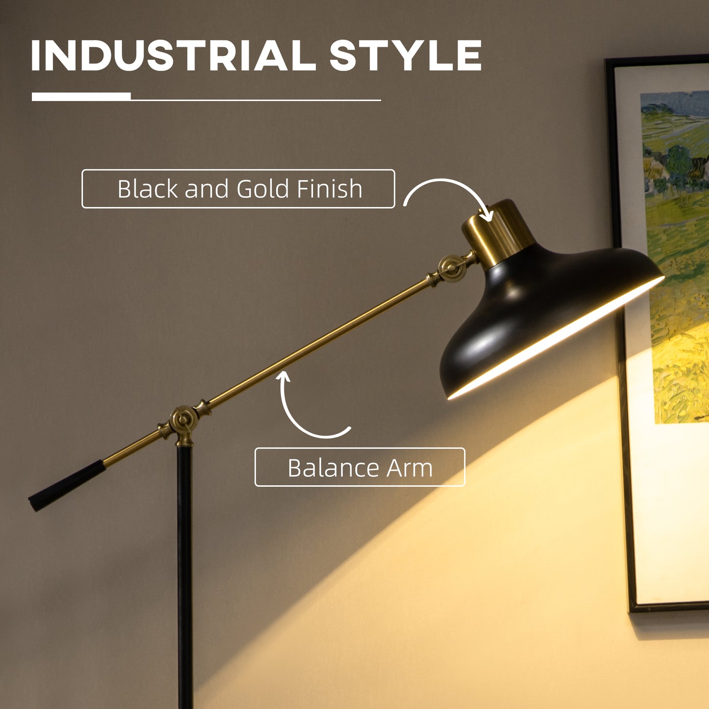 Tall Adjustable Floor Lamp with Balance Arm - Black and Gold Standing Lighting for Living Room & Bedroom