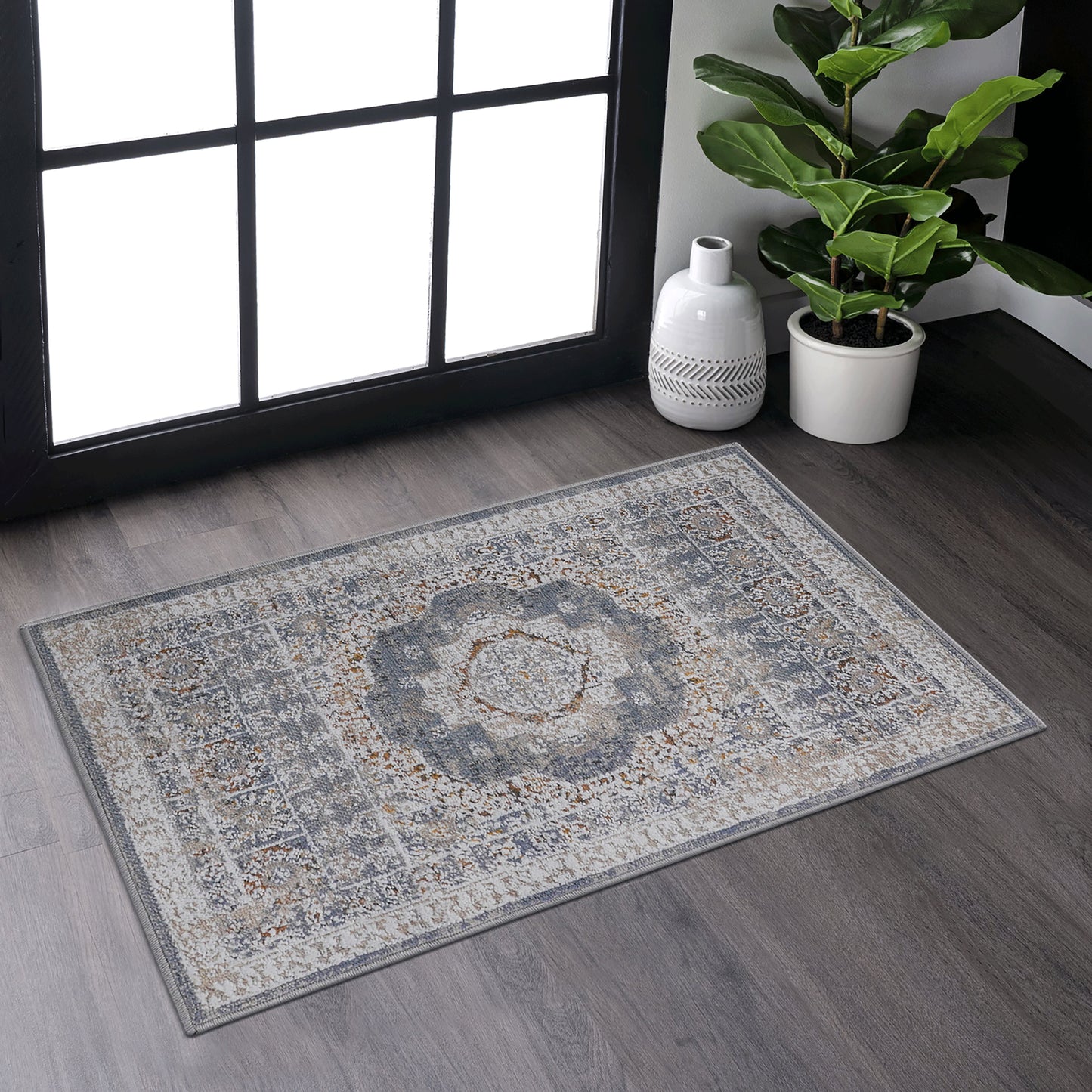 PAYAS 2X3 Blue Ivory Medallion Doormat Rug