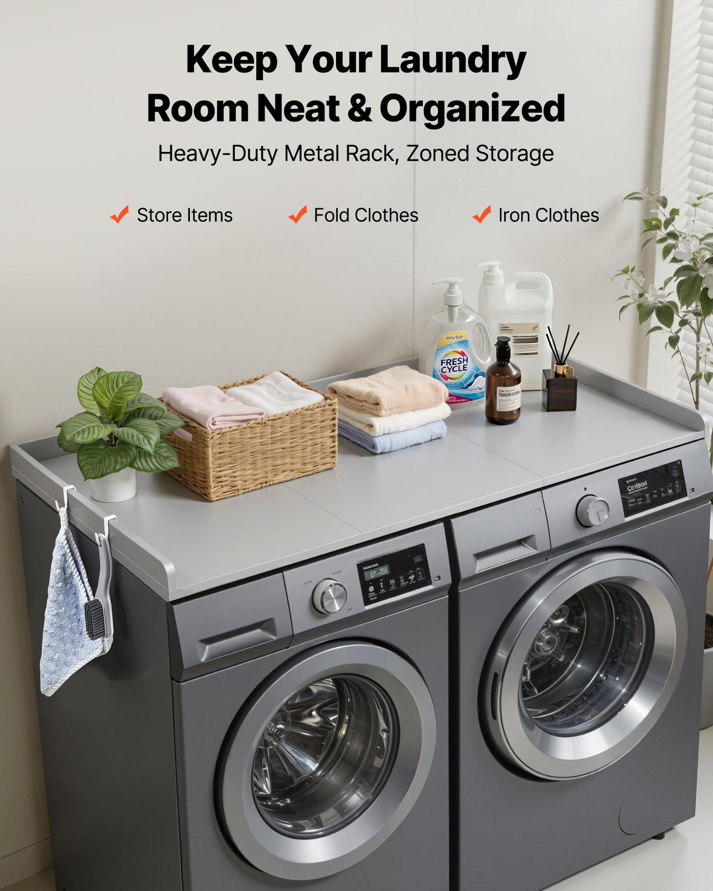 Wooden Washer Dryer Countertop with Edge & Hooks - 54 x 27.5 in Water-Resistant Laundry Shelf for Closet & Utility Room