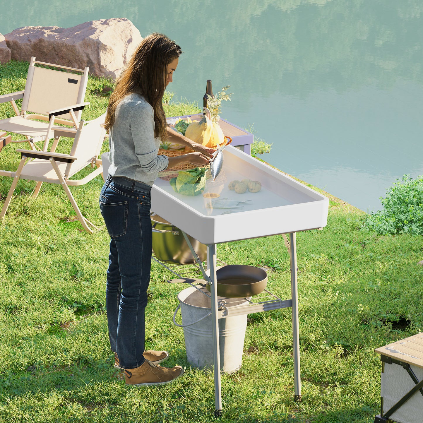 Folding Ice Cooler Table with Drain & Storage Shelf - White