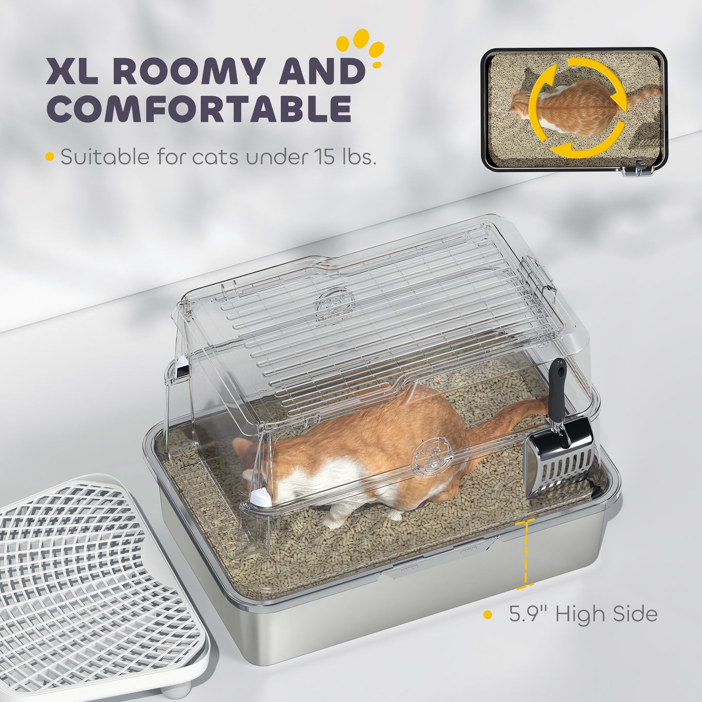 Large Stainless Steel Cat Litter Box with Flip Cover & Scoop - Extra Large Enclosure
