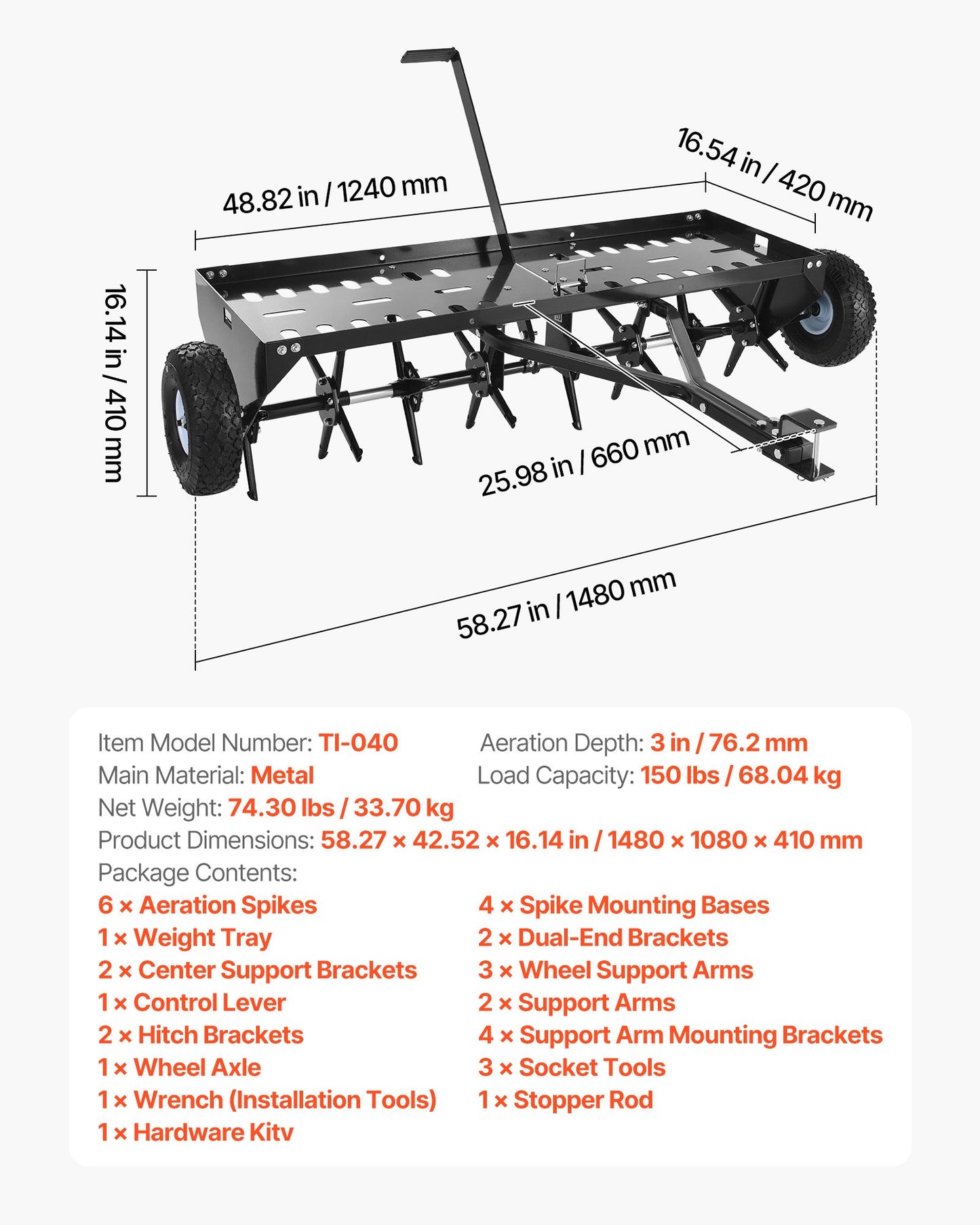 Heavy Duty Tow Behind Lawn Aerator 48-Inch Wide Core Spike Soil Conditioner