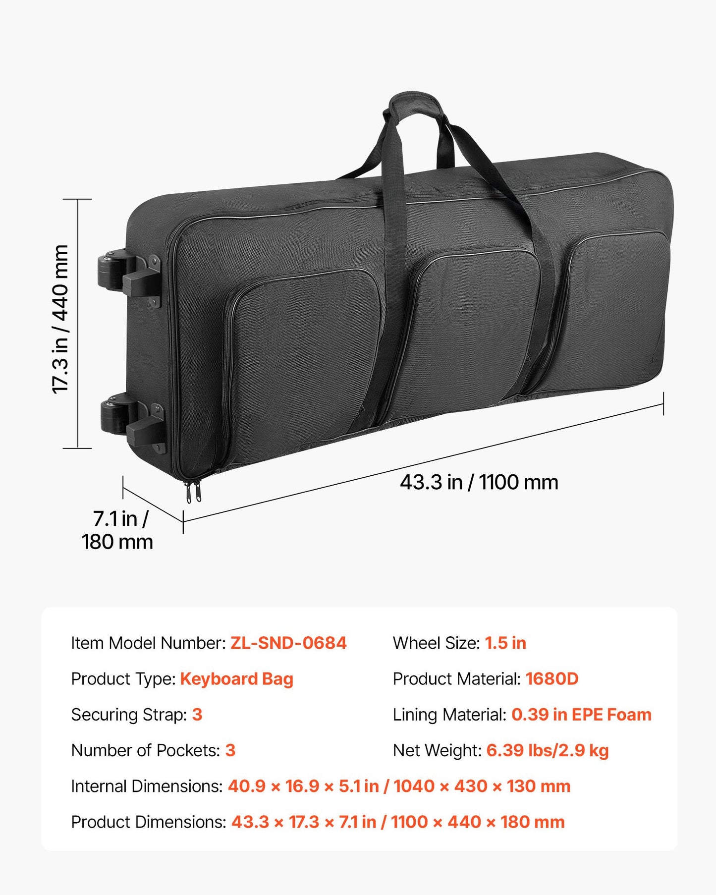 Padded Rolling Keyboard Case with Wheels & Multiple Pockets for 88-Key Pianos