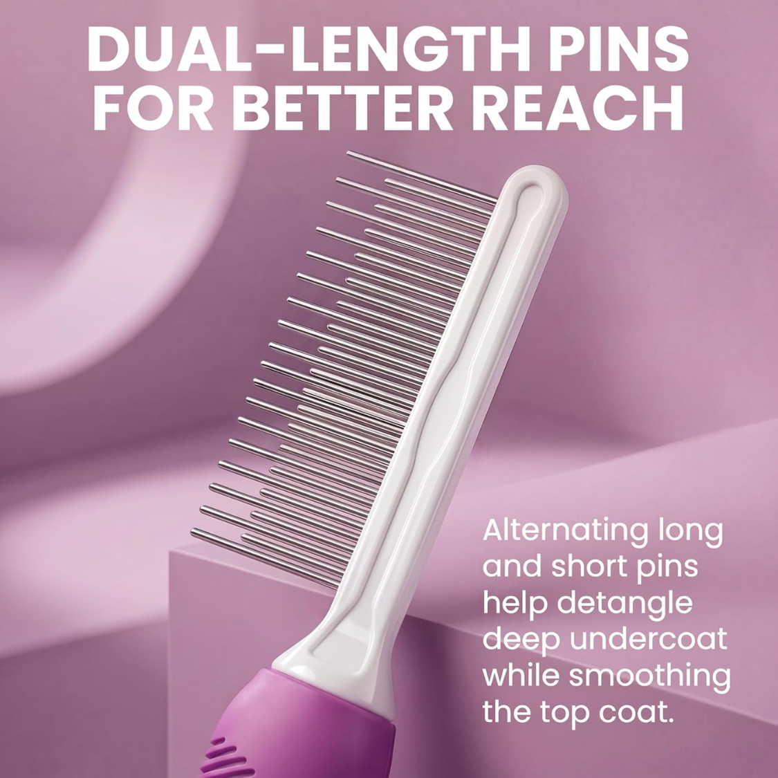 Pet Comb with Stainless Steel Long & Short Teeth for Detangling & Grooming - Purple