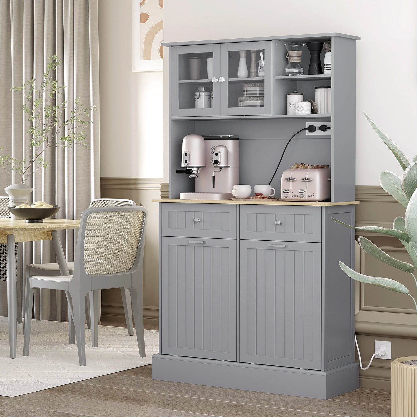 Kitchen Pantry Cabinet with Charging Station & Tilt-Out Cabinets - Gray