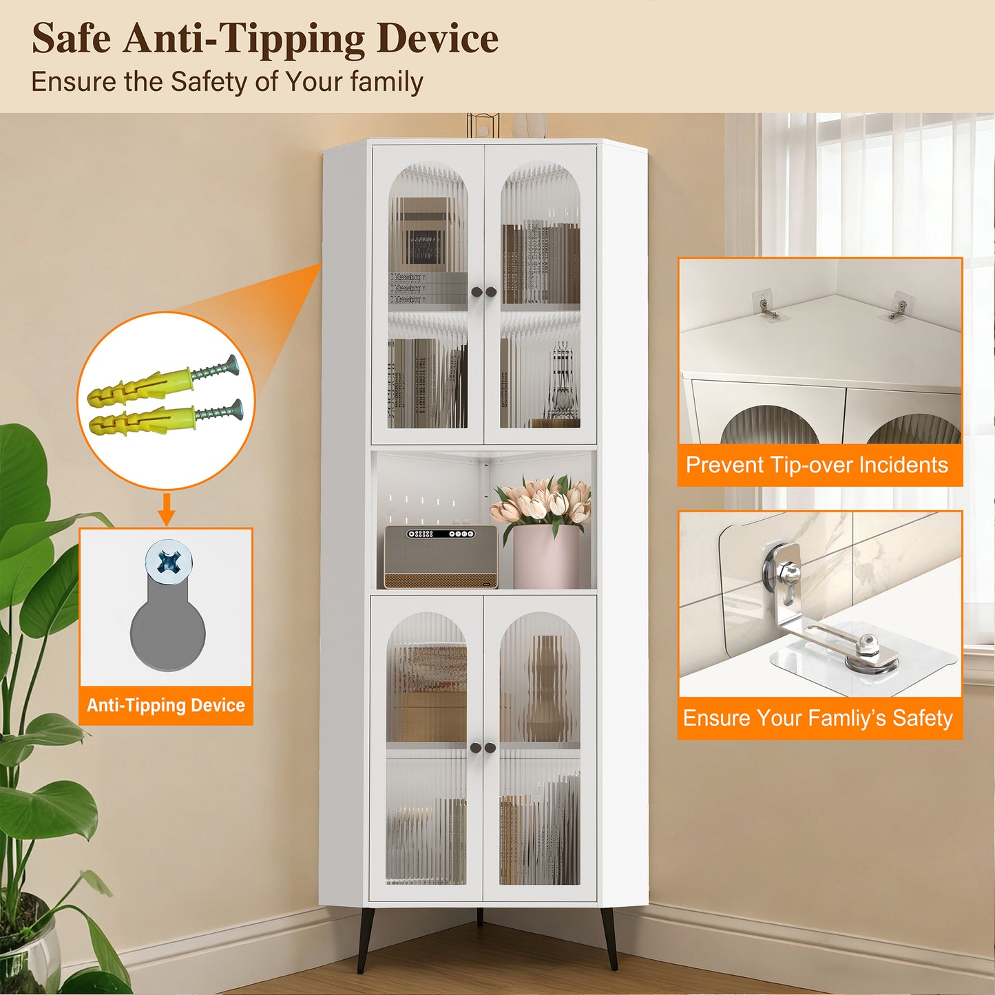 73'' White Metal Corner Storage Cabinet with Adjustable Shelves