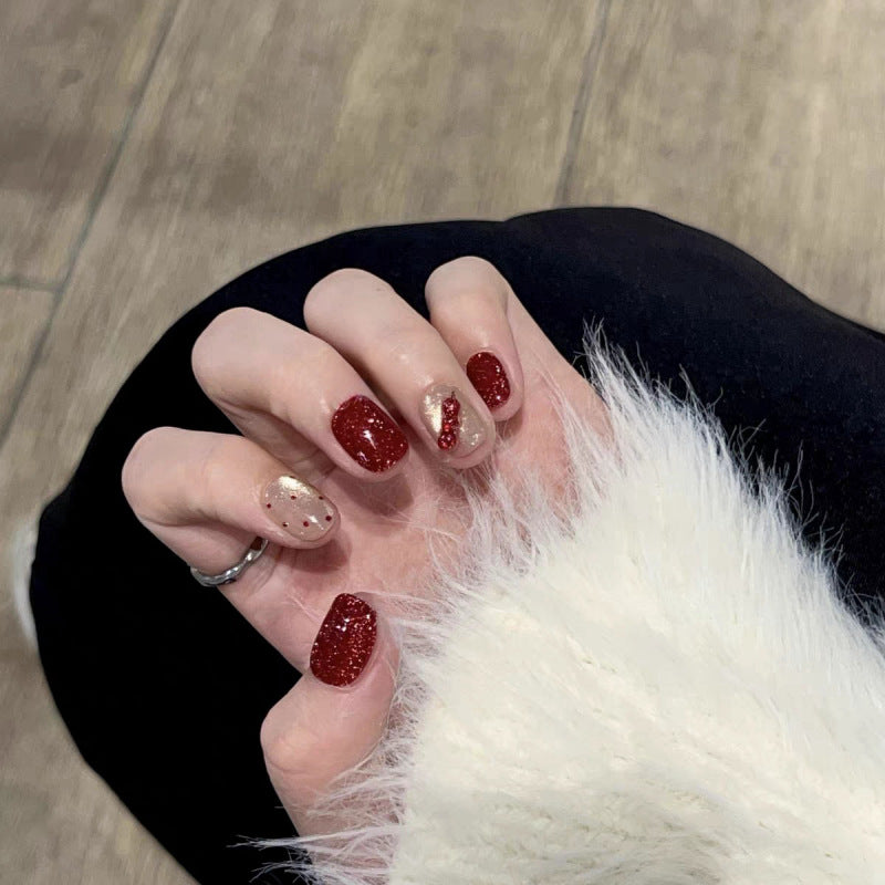 Hand-Painted Wearable Nail Art Stickers Set for Women - Starry Sky Red