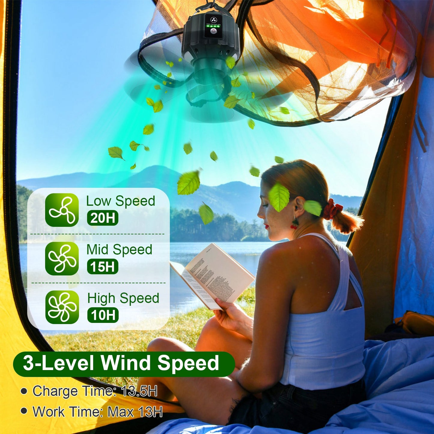 Portable Camping Ceiling LED Fan with Remote Control - 3-in-1 Lantern, Power Bank, Adjustable Speed & Brightness