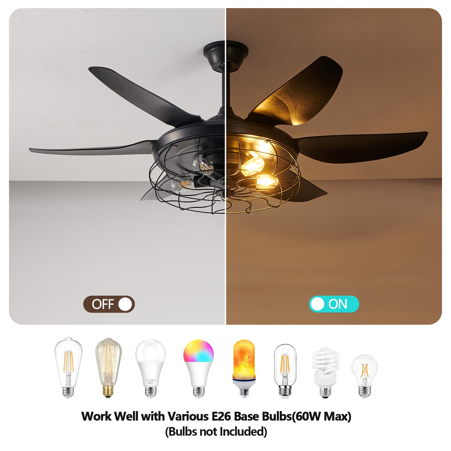 Modern Black Ceiling Fan with Light - 6 Blades, Industrial Design
