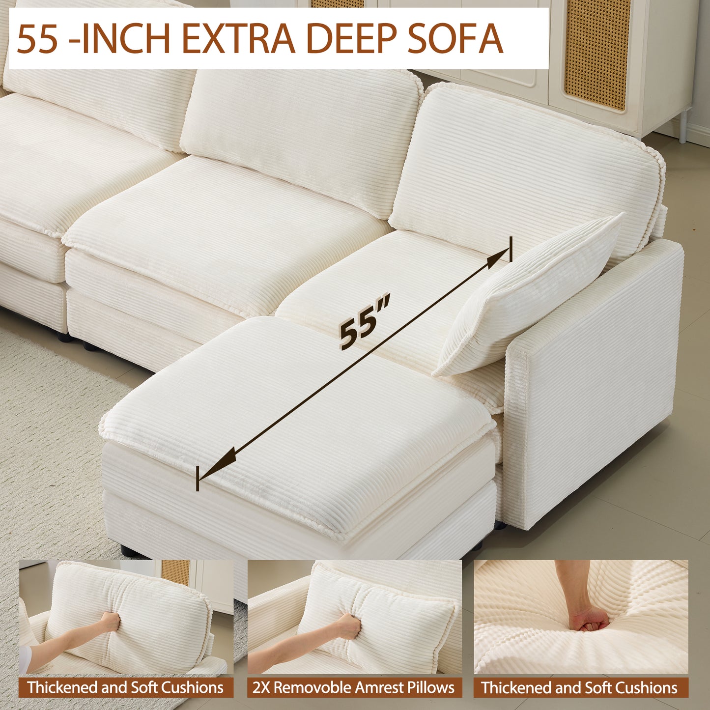 136" Plush Cloud Modular Sofa Set with 2 Footstools & Cushions - Beige