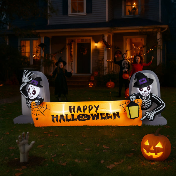 9.6FT Halloween Inflatable Skeleton Tombstone Banner with LEDs