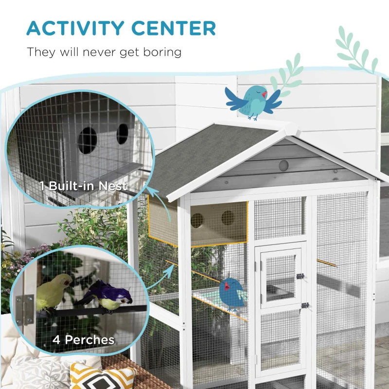 Wooden Bird Cage Aviary with Perches Nest Tray for Indoor Outdoor Bird Housing - White