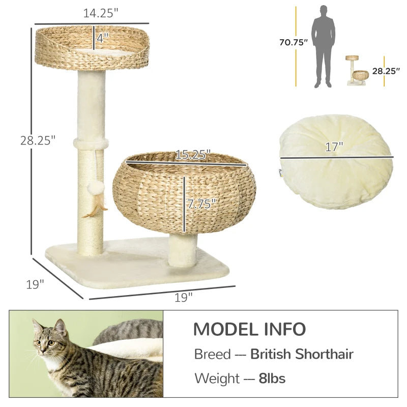 Elevated Cat Bed with Sisal Scratching Post and Toy - Small Modern Cat Tree, Beige Cream