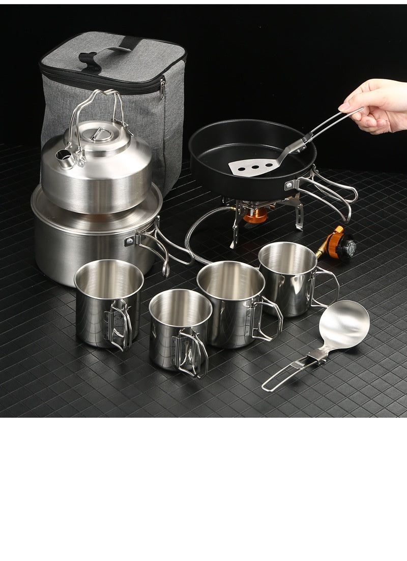 Portable Outdoor Cookware Set with Folding Pans & Windproof Gas Stove