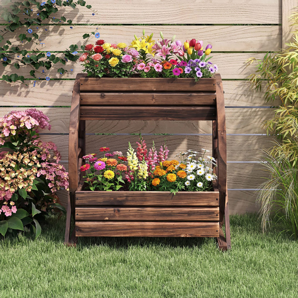2-Tier Rustic Wooden Garden Bed with Drainage Holes - Coffee