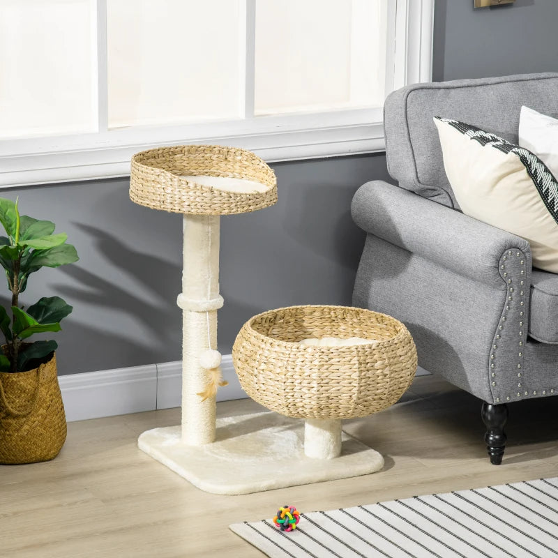Elevated Cat Bed with Sisal Scratching Post and Toy - Small Modern Cat Tree, Beige Cream