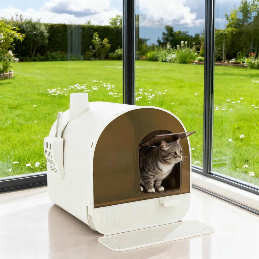 Cat Litter Box with Lid, Scoop & Filter - White