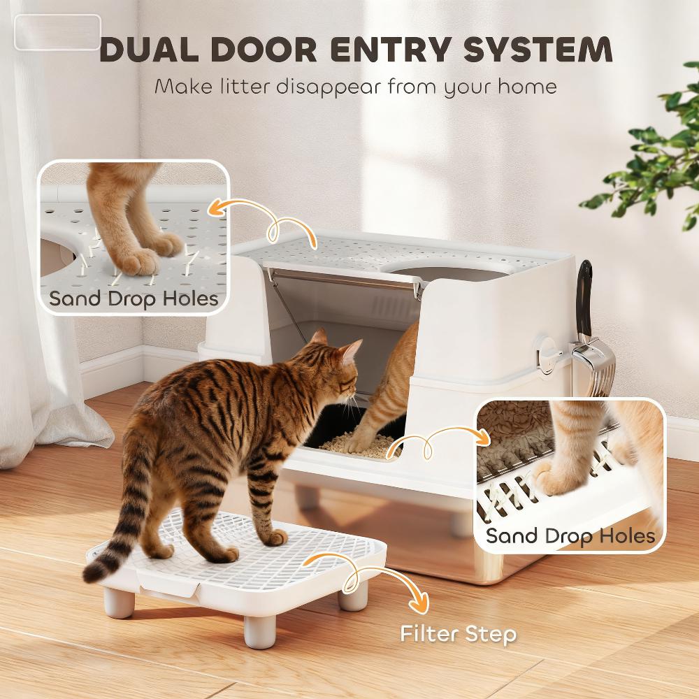 Large Enclosed Cat Litter Box with Top & Side Entry - Stainless Steel, Gray