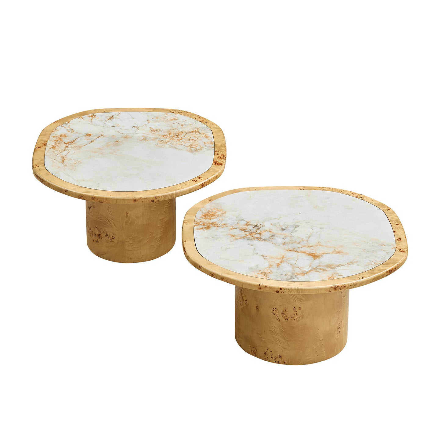 Natural Burl Wood Coffee Table Set - 2-Piece Sintered Stone Top