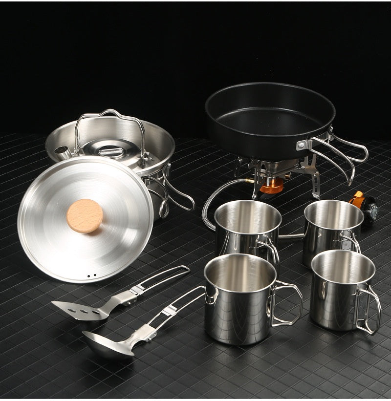 Portable Outdoor Cookware Set with Folding Pans & Windproof Gas Stove