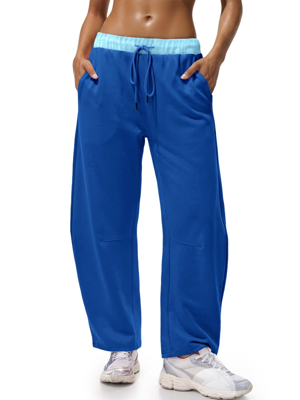 Wide Leg Sweatpants with Drawstring Waist and Pockets - Color Block
