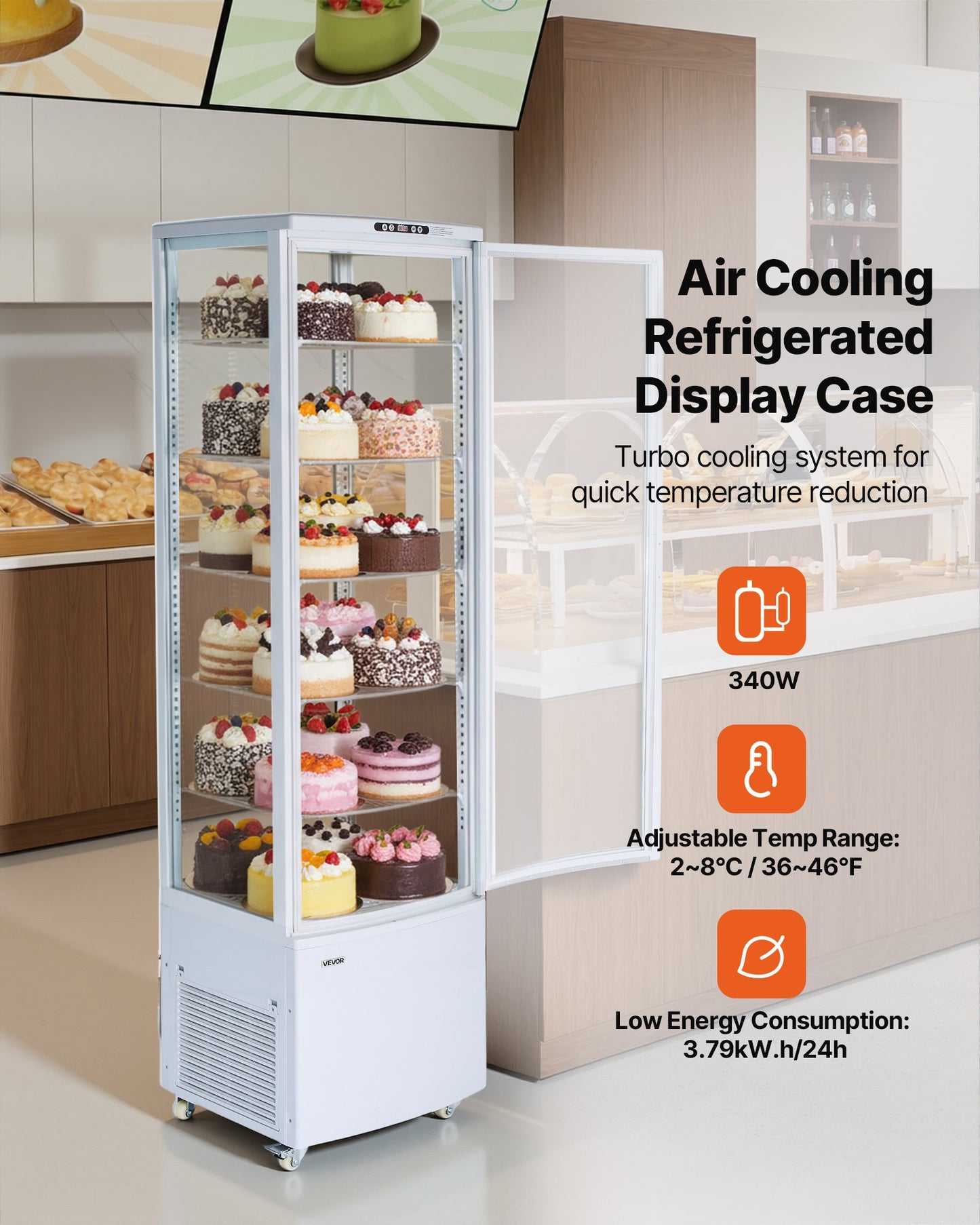 Large 9.8 Cu.Ft Pastry Display Case - 5-Tier Commercial Refrigerator with LED Lighting