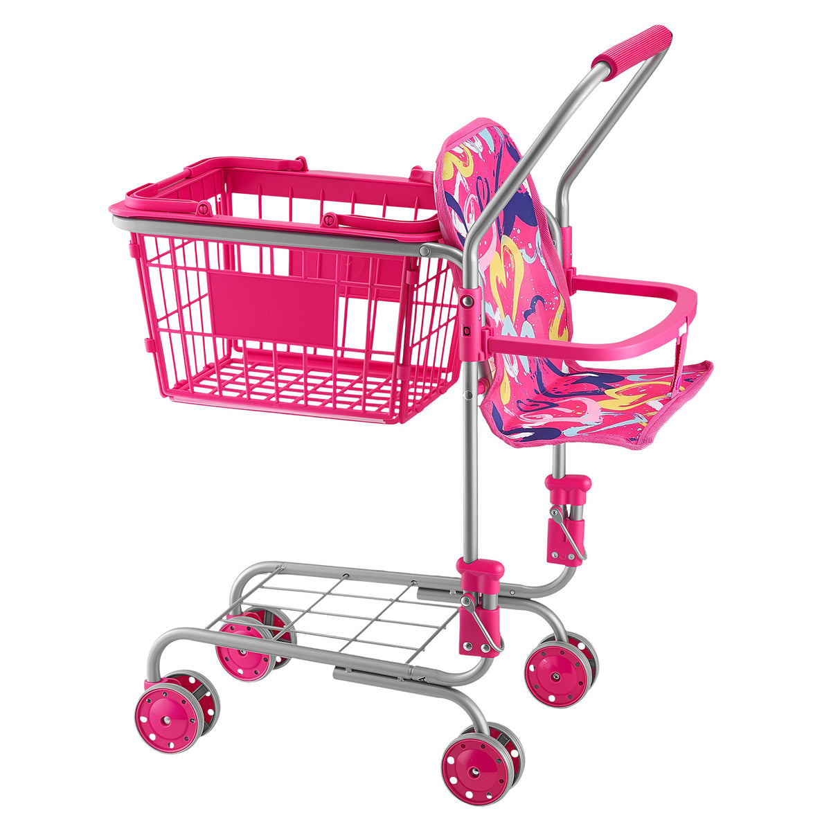 Kids Shopping Cart Toy with Doll Seat & Rolling Wheels - Pretend Play Grocery Trolley