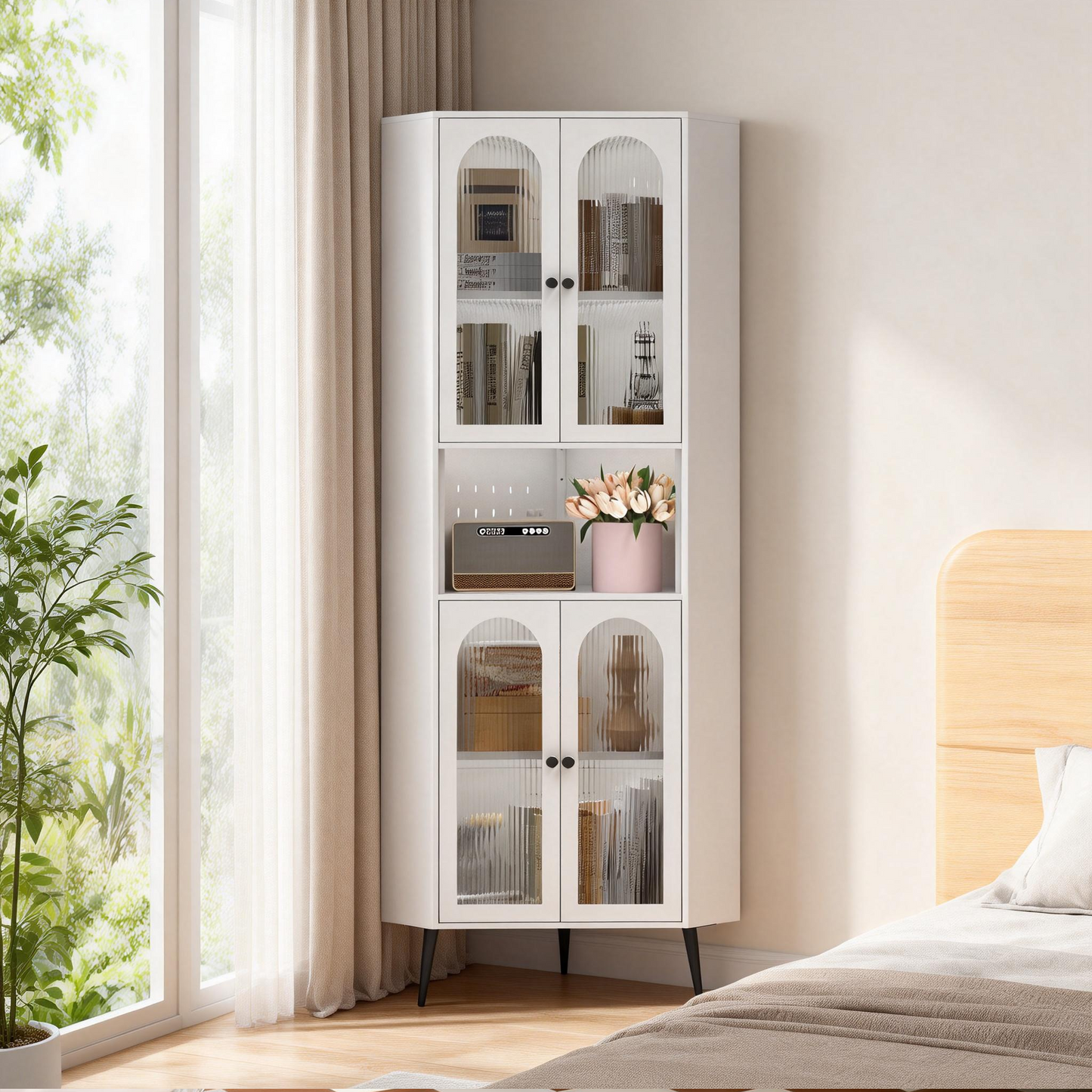 73'' White Metal Corner Storage Cabinet with Adjustable Shelves